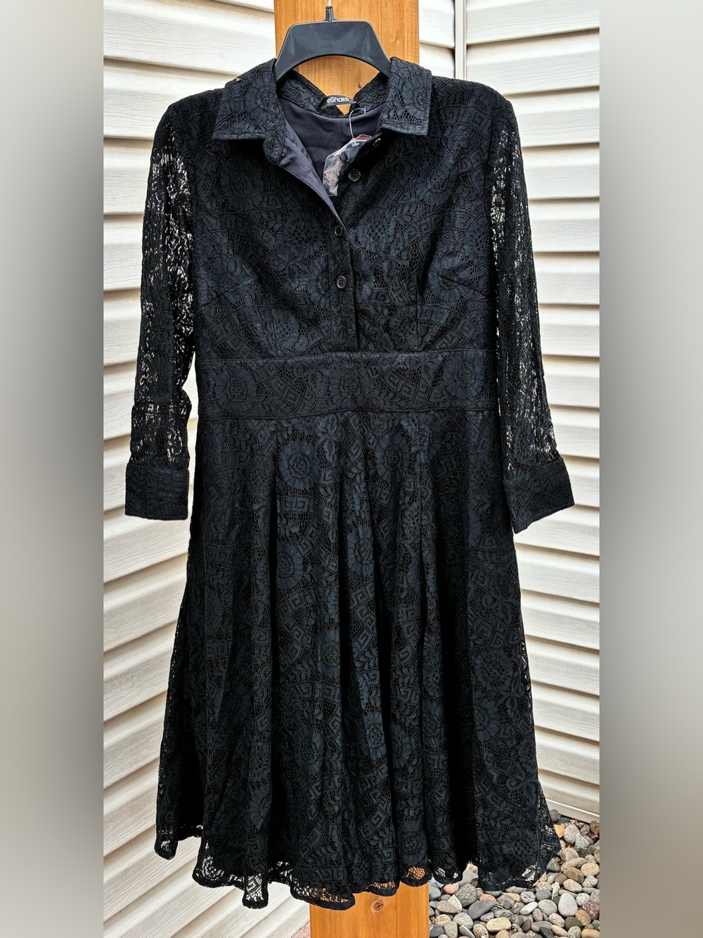 eshakti Black Lace Collared Long Sleeve Fit-and-Flare Dress size L-12